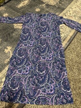 Talbots Navy and Lavender Paisley Long-Sleeve Shift Dress